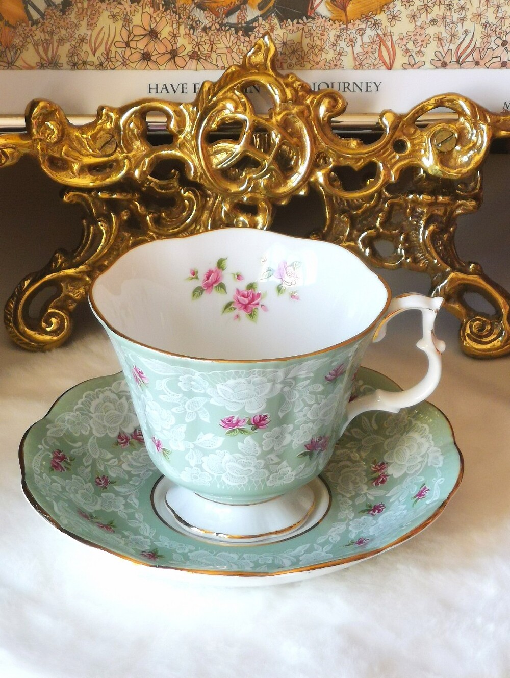 Royal Albert "True Love" Green and Pink Floral Teacup with Saucer